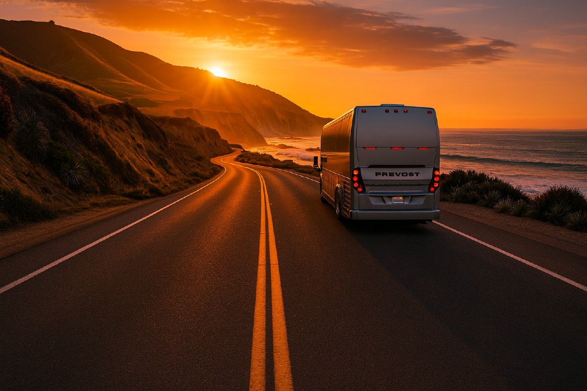 A large motorcoach driving on a highway along the west coast in California