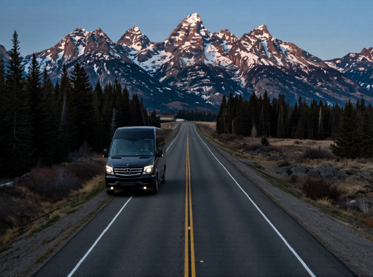 A sprinter van driving along the highway with mountains in the background
